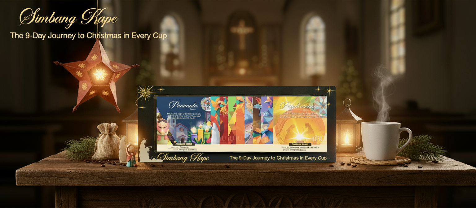 Hero image depicting a cozy coffee setting with a star lantern and a nativity scene.